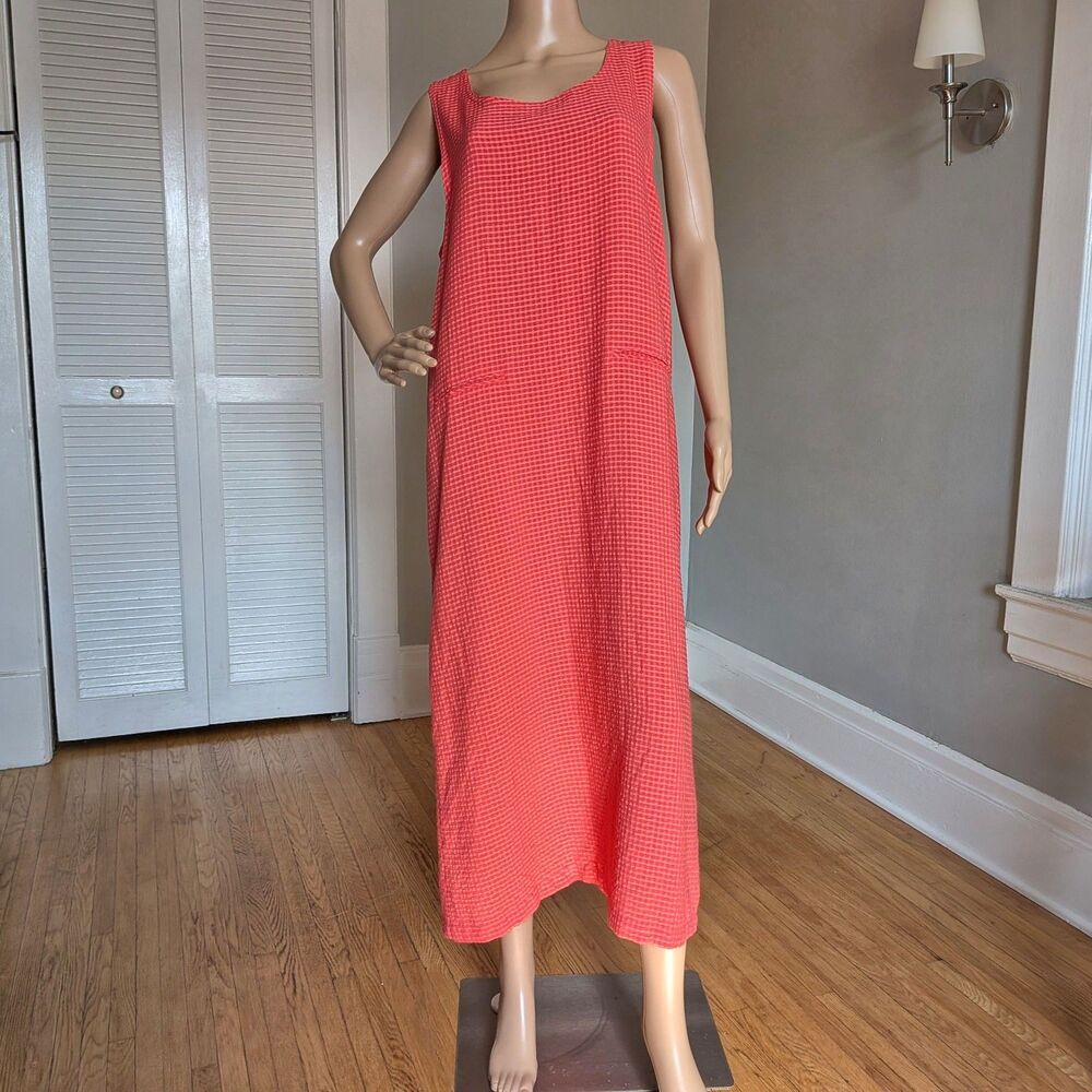 Vintage Y2K Orange/Salmon Gingham Midi Dress Cottagecore Pockets Folk Size XL